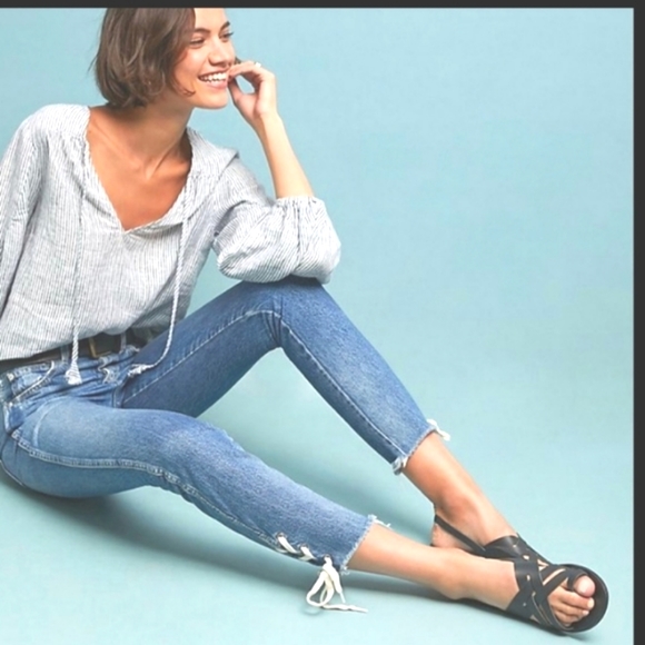 AMO BABE LACE UP Love Note Laces Ankle Ties Button Up High Anthro Denim Jeans 27 - Picture 2 of 16